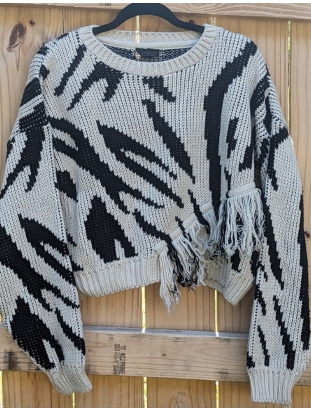 Topshop Black & Cream Zebra-Print Frayed Fringe Crewneck Sweater